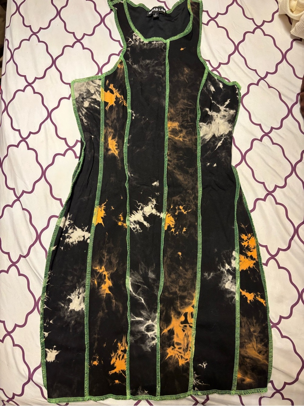 Black Tie-Dye Stripe Bodycon Dress with Green Trim
